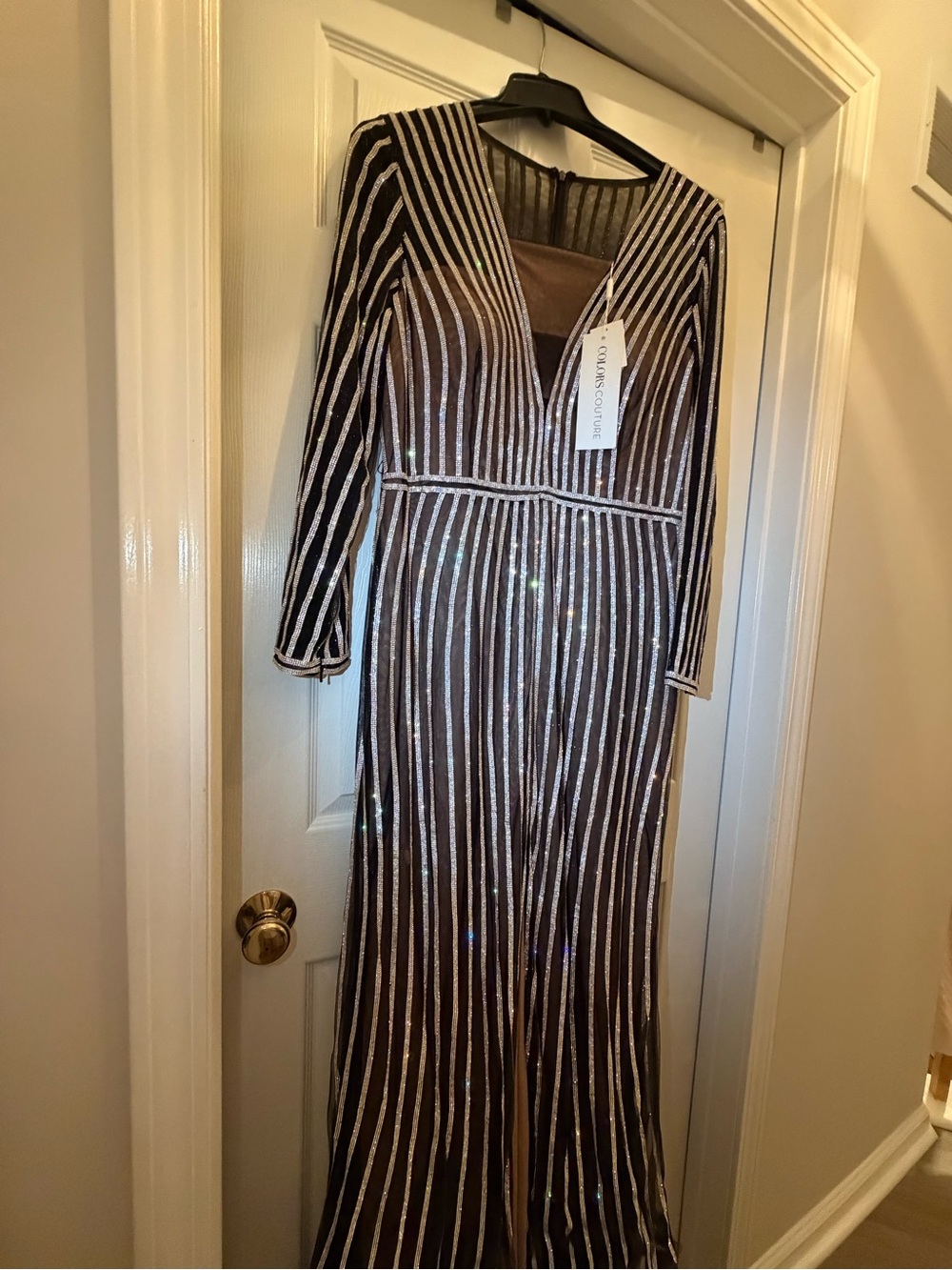 Striped Sequin Long Sleeve Evening Gown in Gold and Black